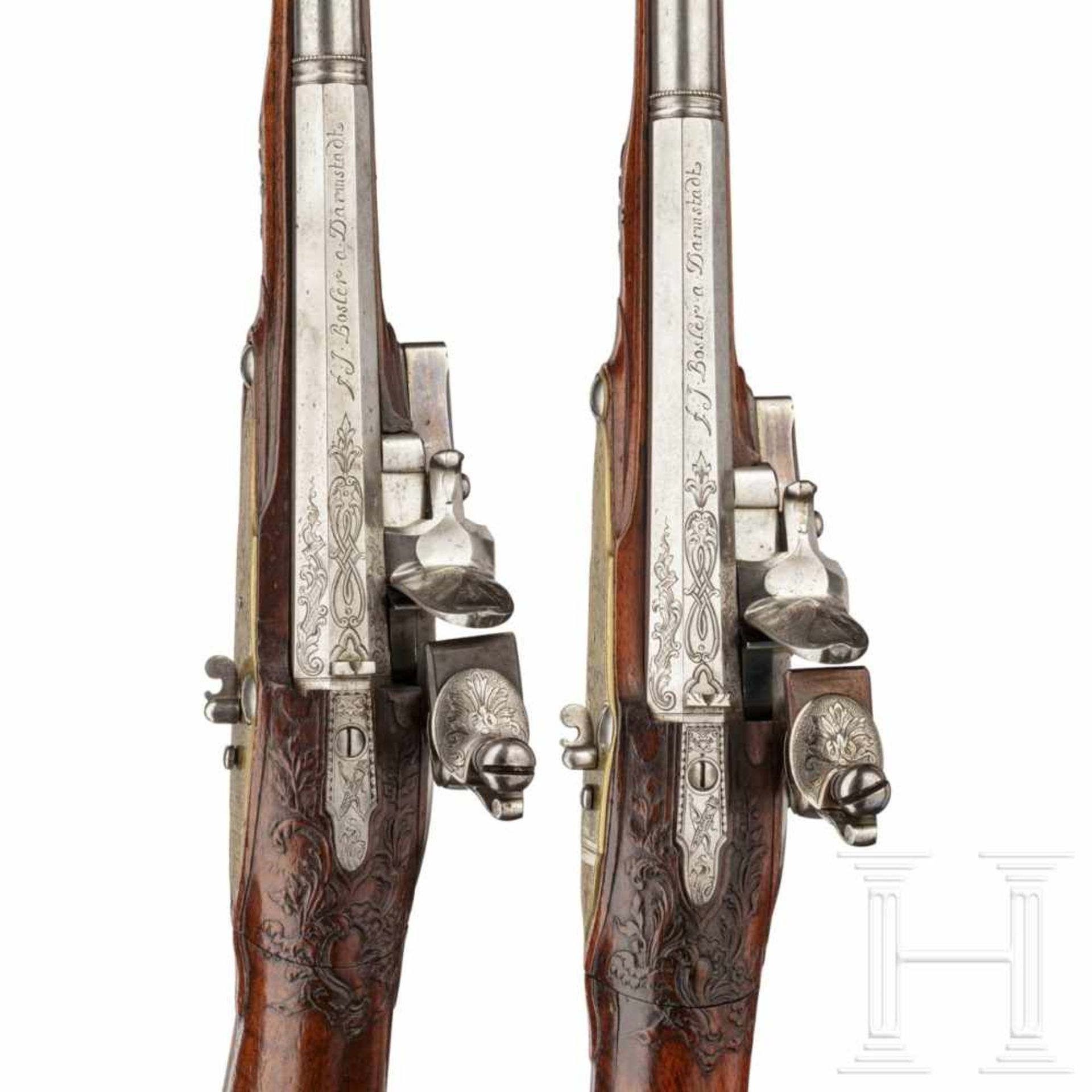 A rare pair of air pistols, designed to resemble a flintlock, Friedrich Jacob Bosler of Darmstadt, - Bild 7 aus 10