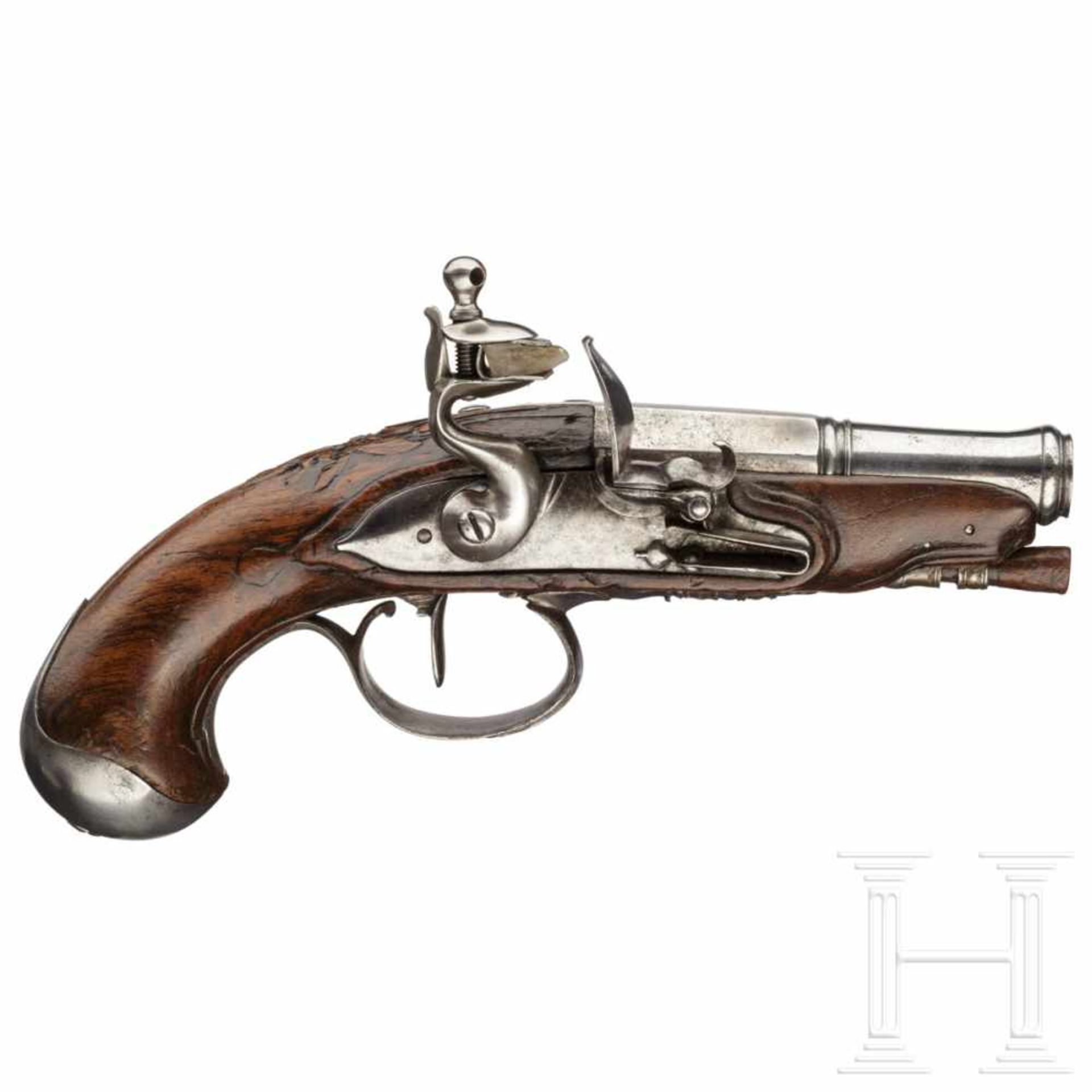 A French flintlock pocket pistol, circa 1780Cannon barrel octagonal to baluster, then round, calibre