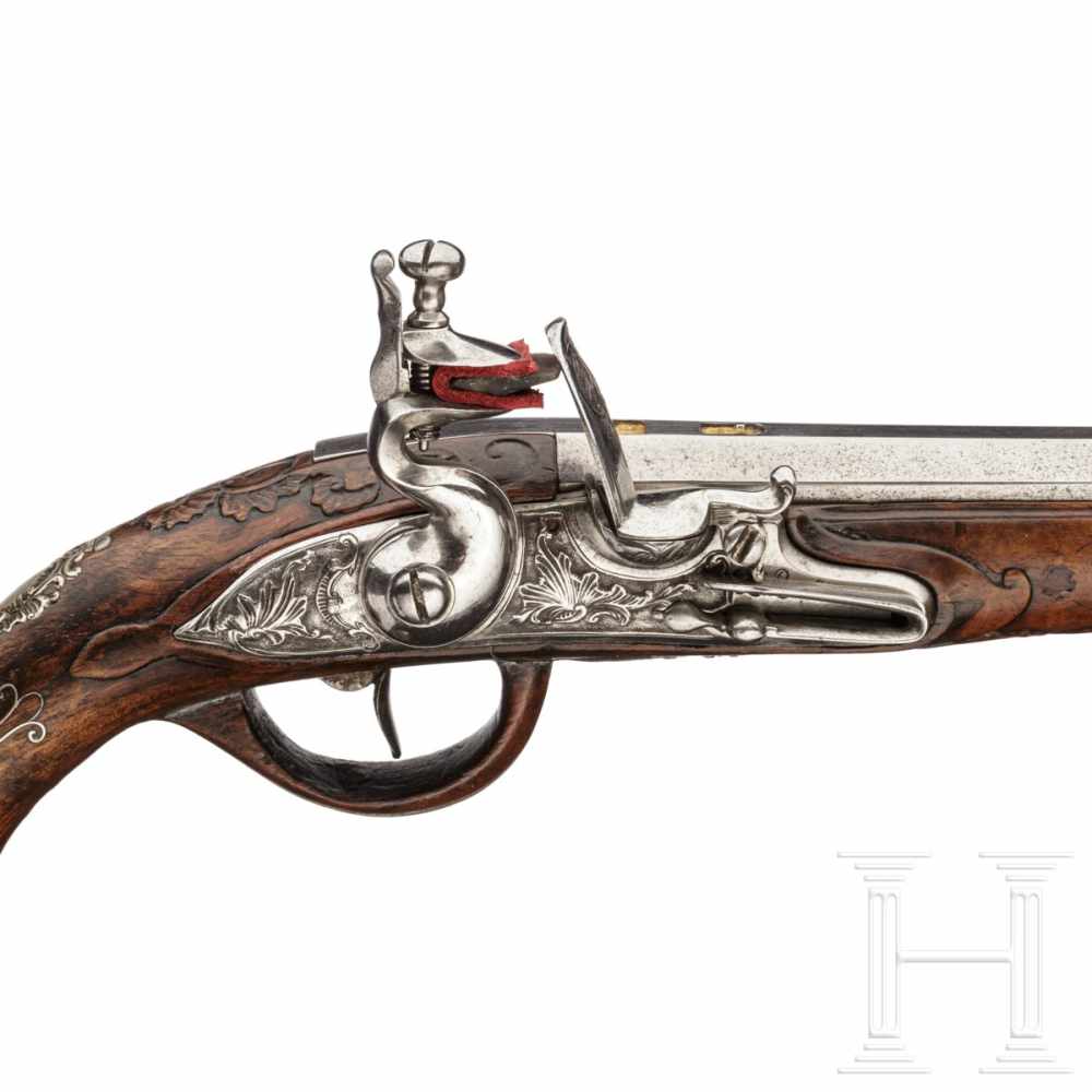 A silver-mounted flintlock pistol, Leopold Becher of Karlsbad, circa 1730Two-stage, smooth-bore - Image 3 of 7