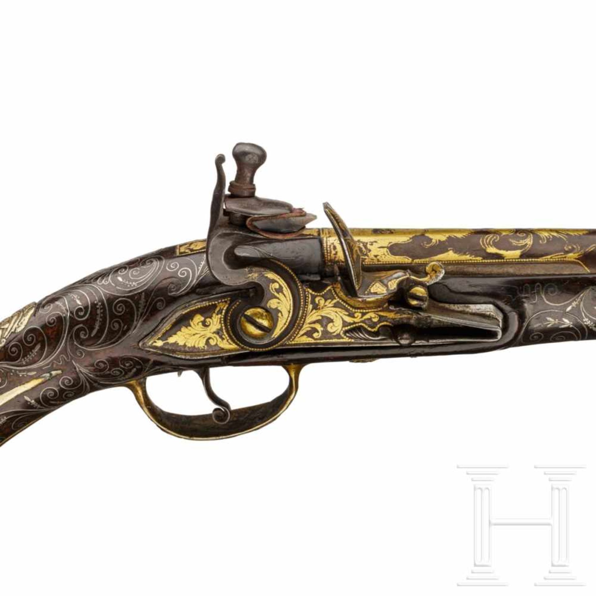 An Ottoman gold-damascened flintlock pistol (Kubur), circa 1800Octagonal to round barrel with smooth - Bild 3 aus 6