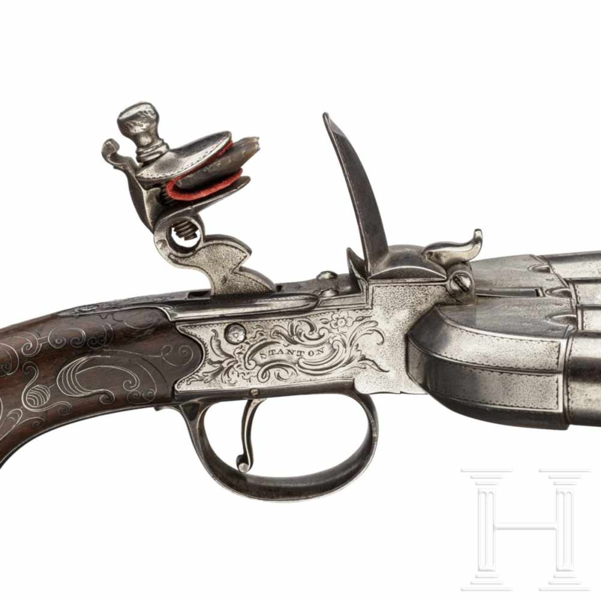 A rare flintlock duck's foot pistol, Stanton of London, circa 1765The four round, turn-off barrels - Bild 3 aus 5