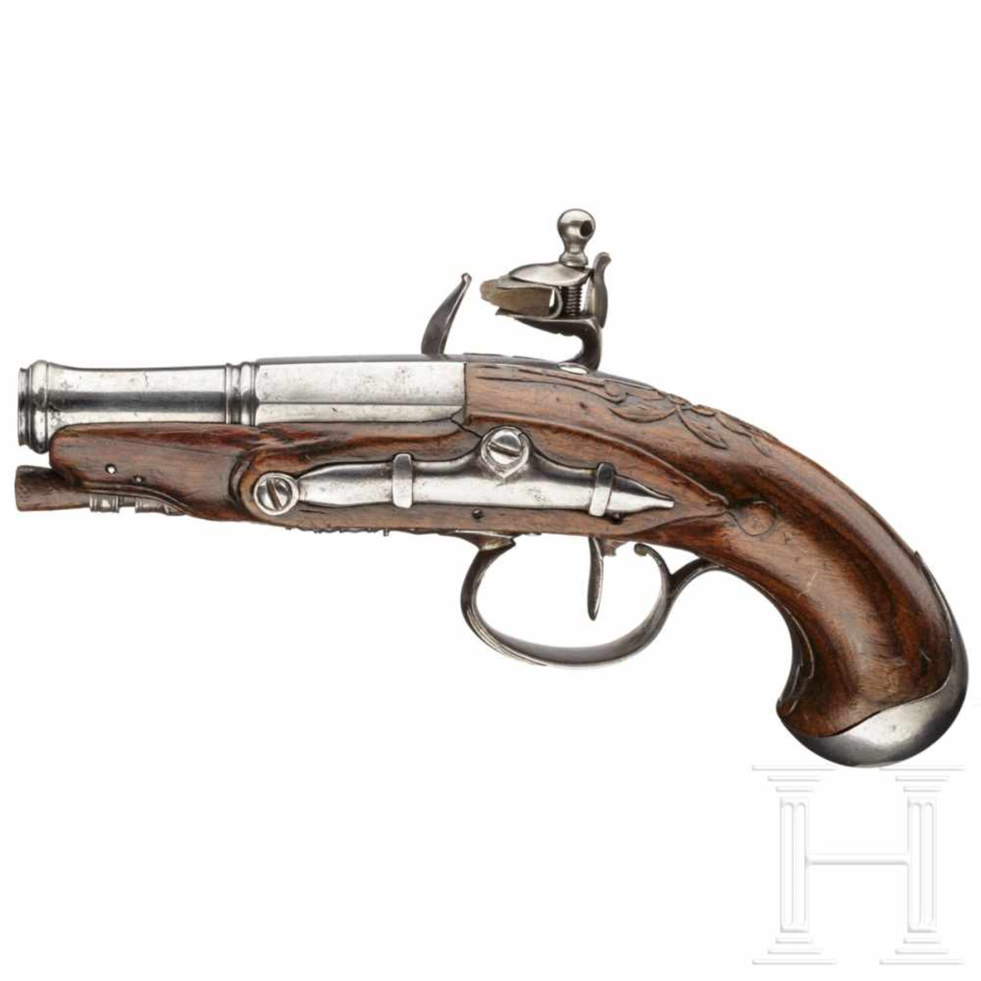 A French flintlock pocket pistol, circa 1780Cannon barrel octagonal to baluster, then round, calibre - Bild 2 aus 2