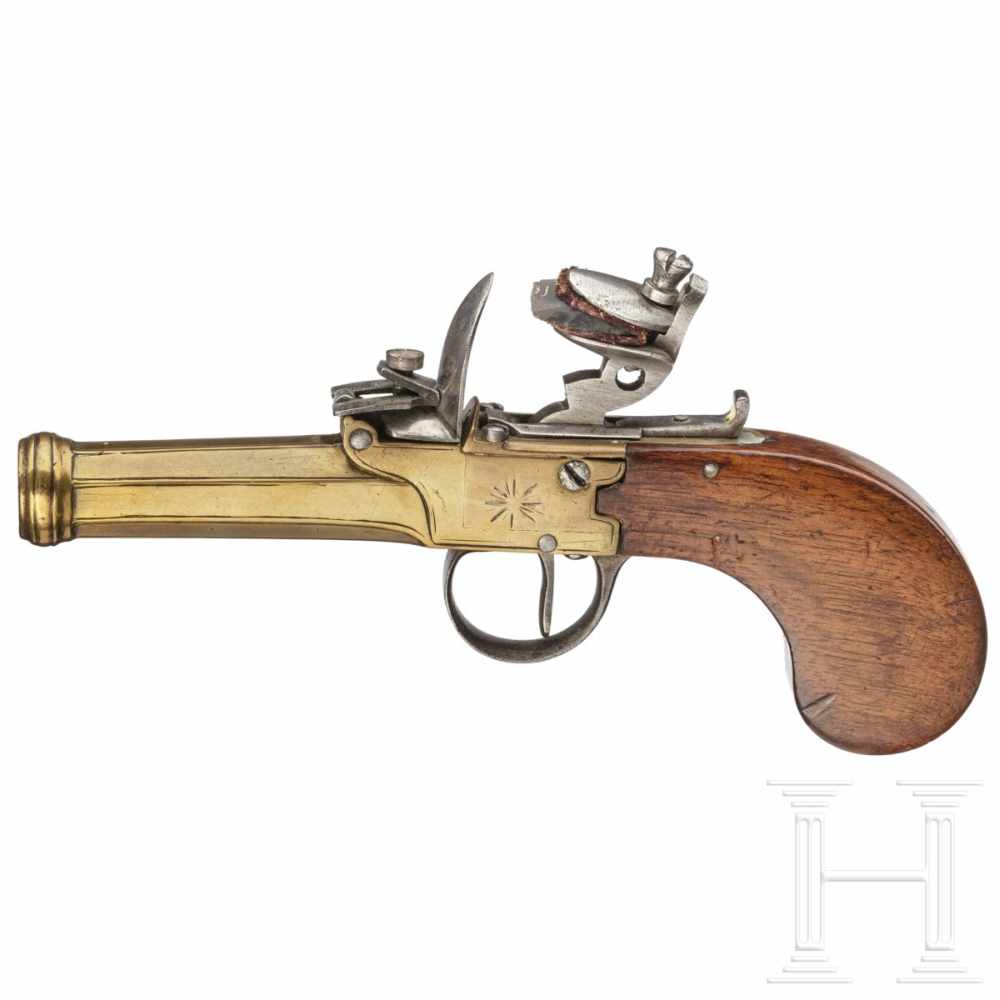 A boxlock pistol with brass barrel, Liège (?), end of 18th centuryOktagonaler, glatter Lauf im - Image 2 of 2