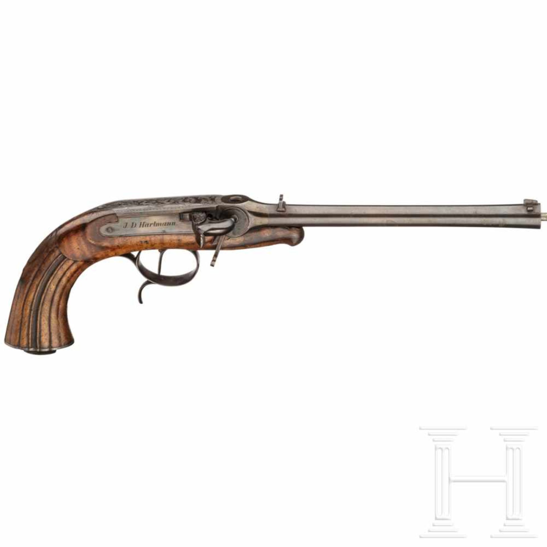 A percussion target pistol, J. D. Hartmann in Hamburg, ca. 1850Round barrel with smooth bore in