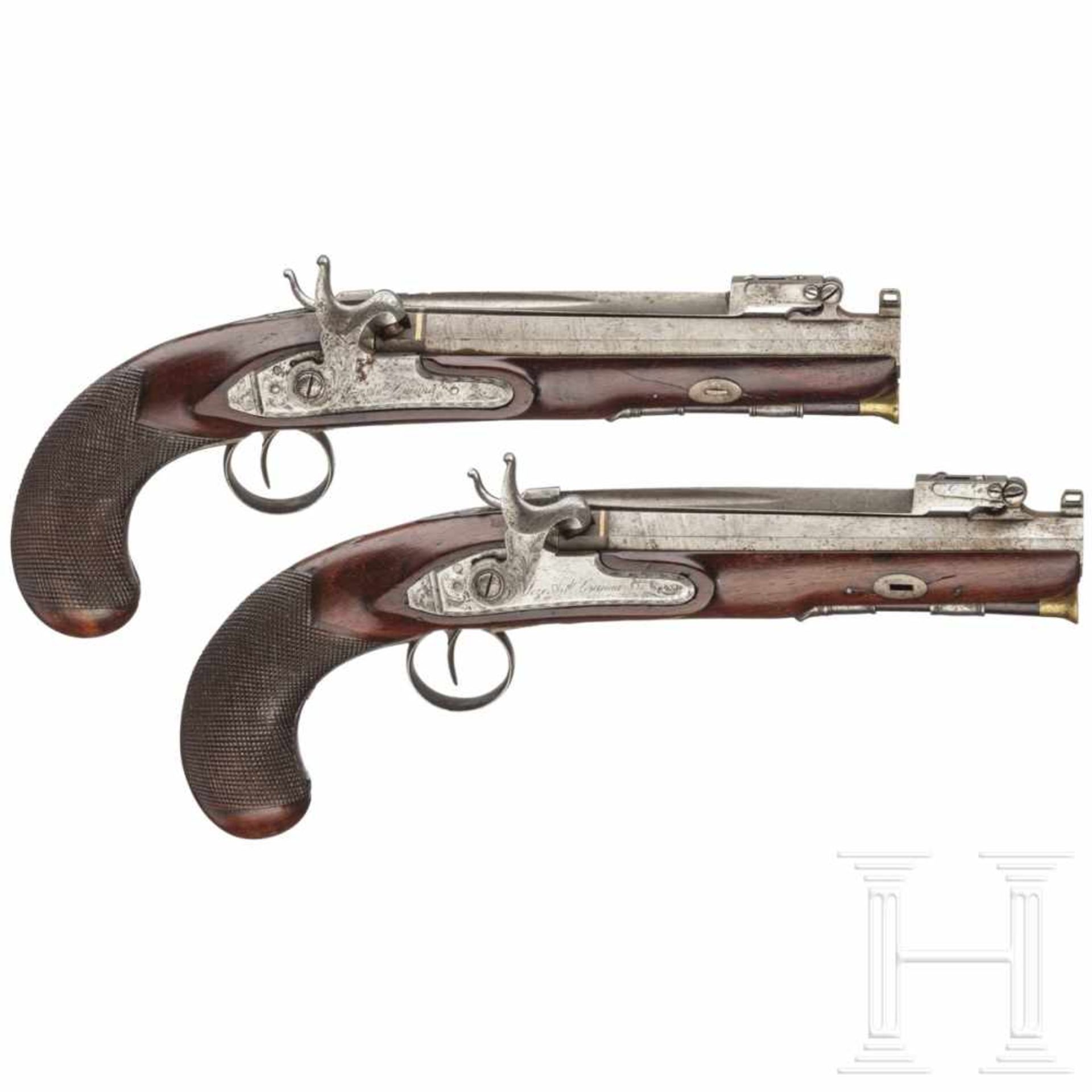 A pair of percussion pistols with spring-loaded bayonets, Antonio Vianna, Porto, circa 1820Glatte