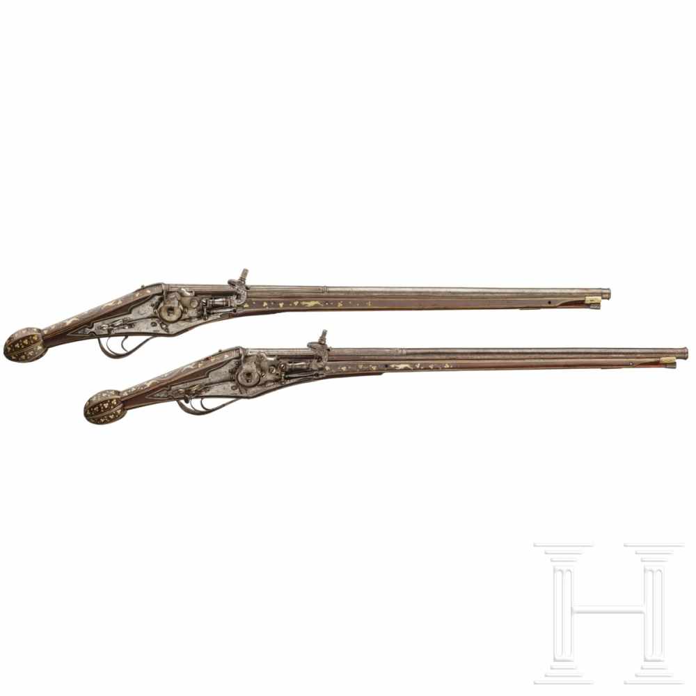 A pair of bone-inlaid, extremely long wheellock pistols, Nuremberg, circa 1600The long, round, - Image 2 of 9