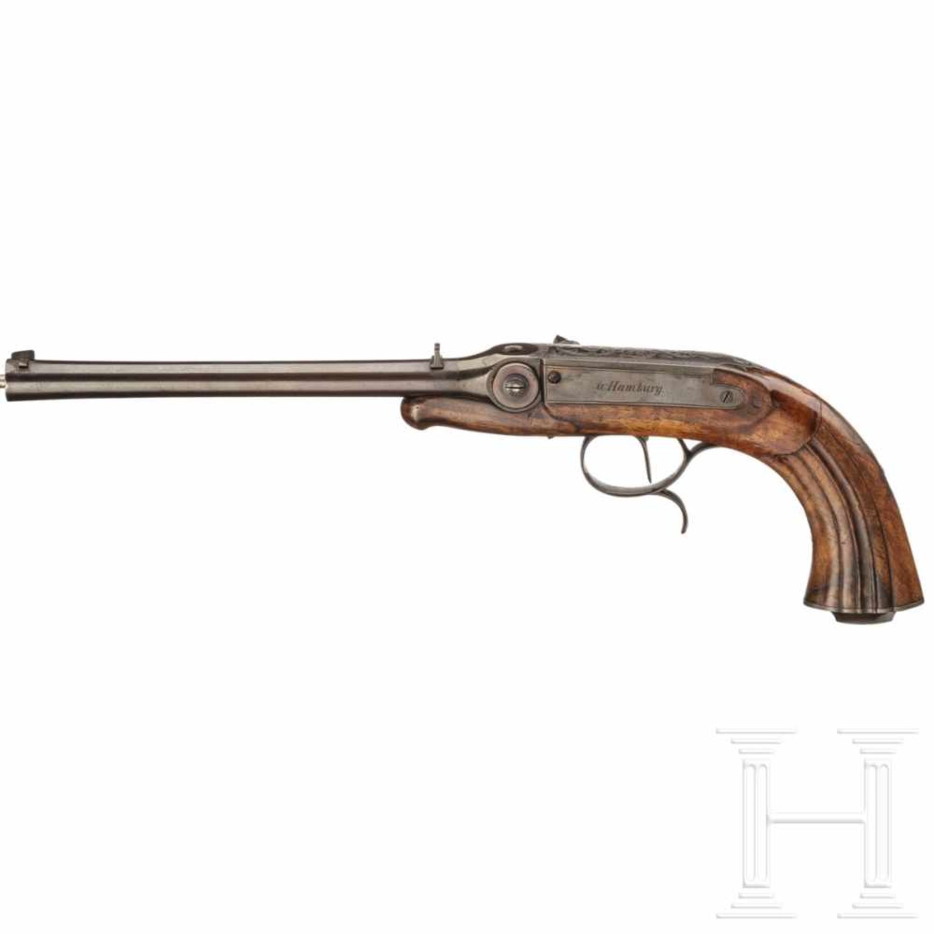 A percussion target pistol, J. D. Hartmann in Hamburg, ca. 1850Round barrel with smooth bore in - Bild 2 aus 3