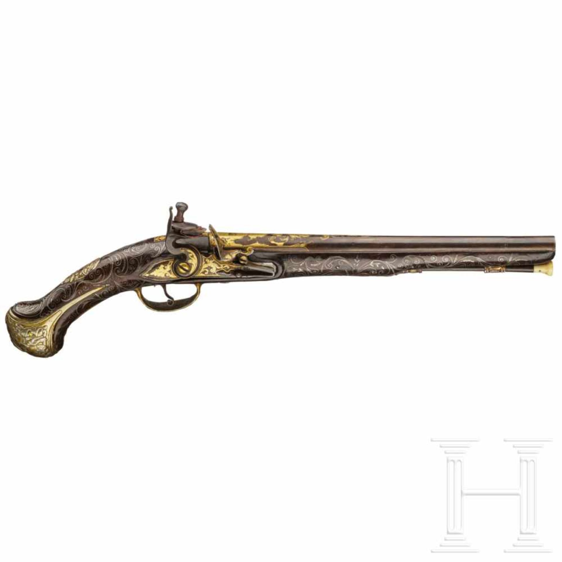 An Ottoman gold-damascened flintlock pistol (Kubur), circa 1800Octagonal to round barrel with smooth