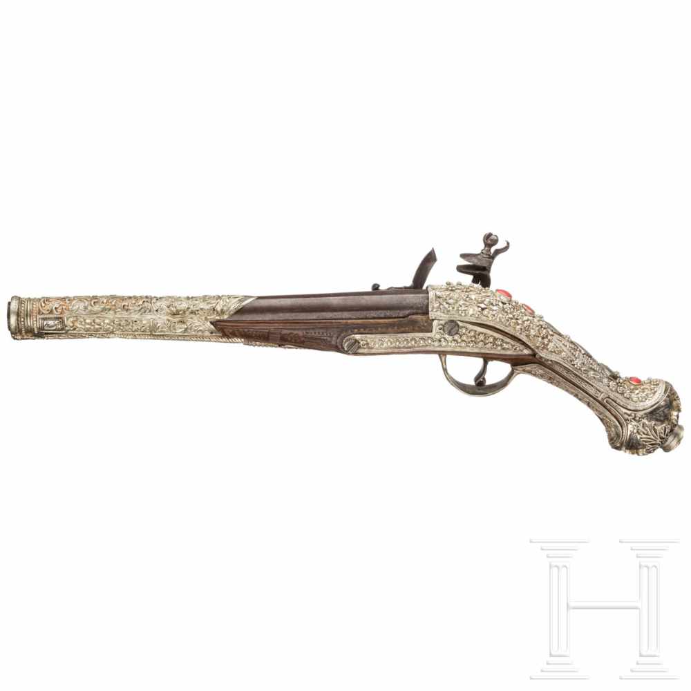 A Balkan Turkish silver-mounted flintlock pistol, circa 1800Smooth barrel in 15 mm calibre with an - Image 2 of 6