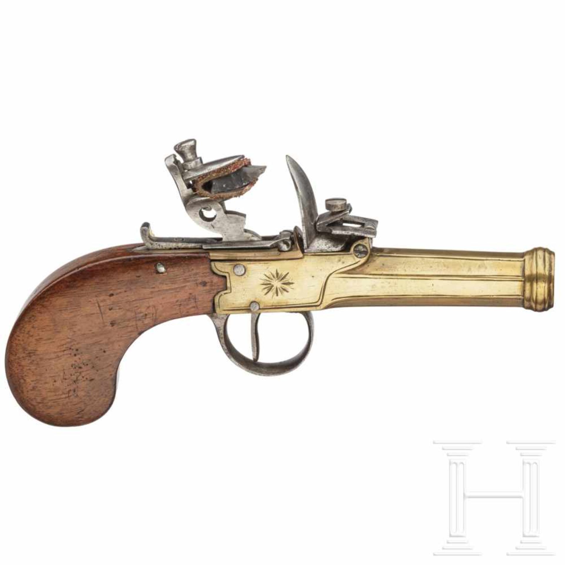 A boxlock pistol with brass barrel, Liège (?), end of 18th centuryOktagonaler, glatter Lauf im