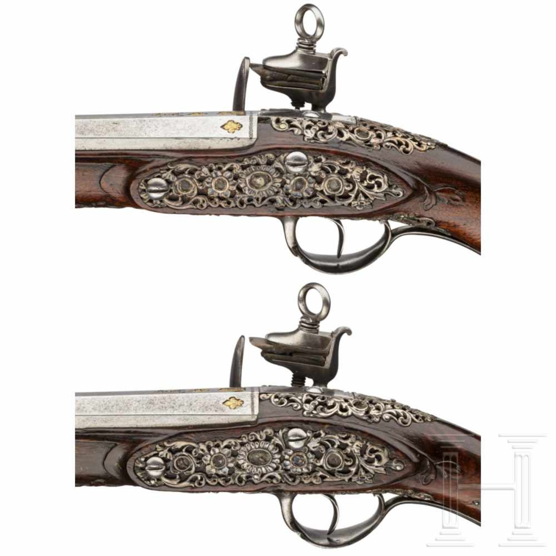 A pair of North Spanish, silver-mounted miquelet pistols, late 18th centuryOctagonal barrels turning - Bild 9 aus 9