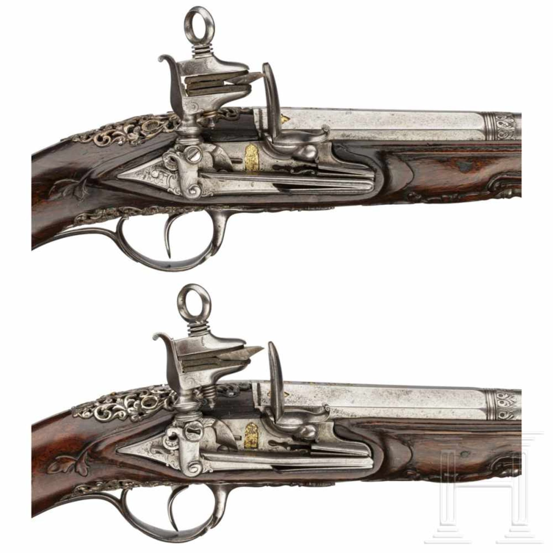 A pair of North Spanish, silver-mounted miquelet pistols, late 18th centuryOctagonal barrels turning - Bild 6 aus 9