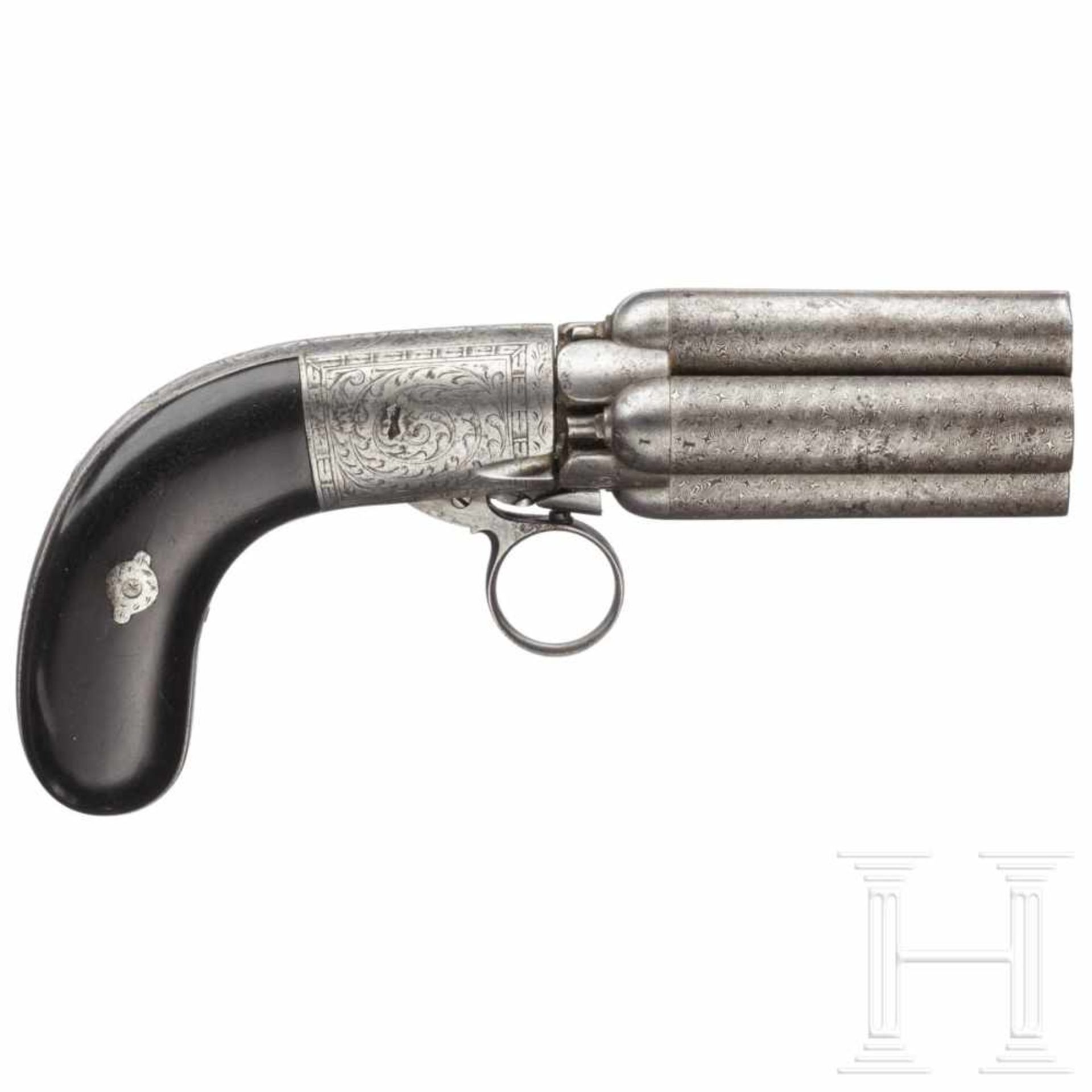 A Belgian Mariette pepperbox revolver, ca. 1840Kal. .45 Blackpowder, Nr. R425, Bündel aus vier