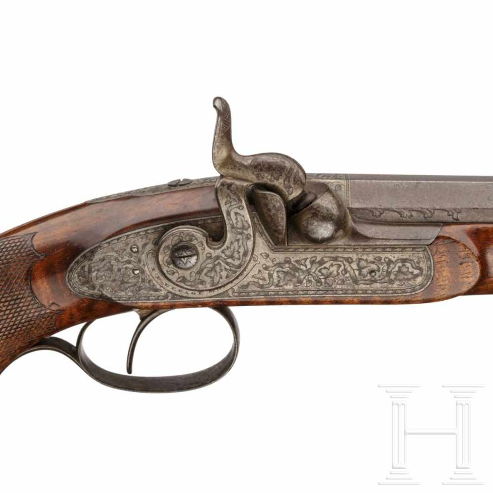 A French percussion pistol-carbine, circa 1850Oktagonaler, in rund übergehender Lauf mit feinen - Bild 3 aus 5