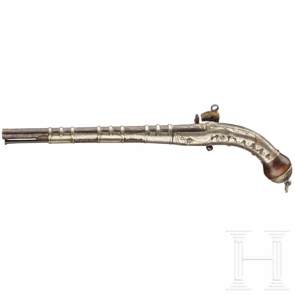 A Caucasian silver-mounted and gold-damascened miquelet-lock pistol, mid-19th centuryRound - Image 2 of 5