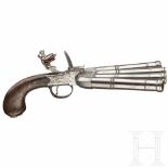 A rare flintlock duck's foot pistol, Stanton of London, circa 1765The four round, turn-off barrels
