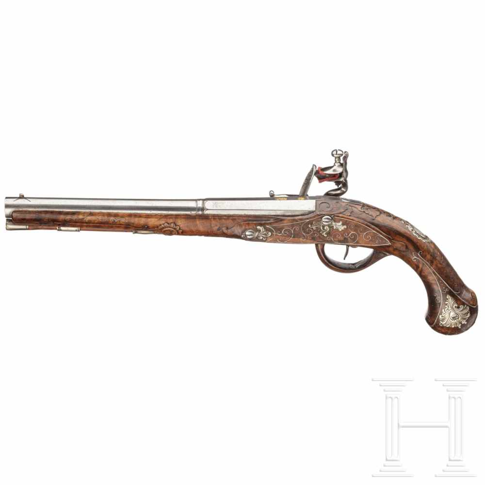 A silver-mounted flintlock pistol, Leopold Becher of Karlsbad, circa 1730Two-stage, smooth-bore - Image 2 of 7