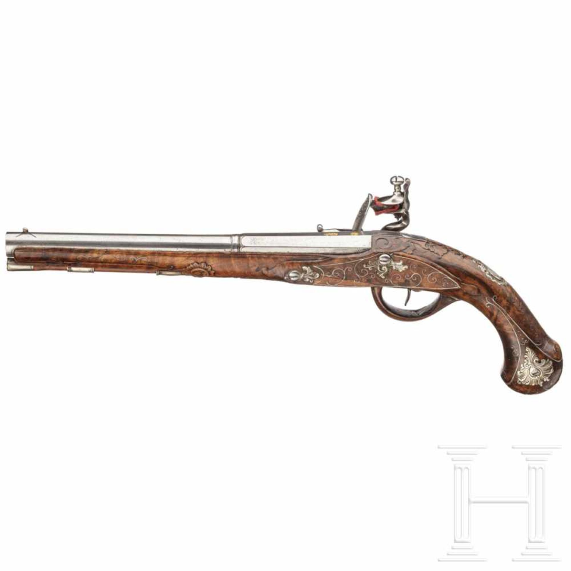 A silver-mounted flintlock pistol, Leopold Becher of Karlsbad, circa 1730Two-stage, smooth-bore - Bild 2 aus 7