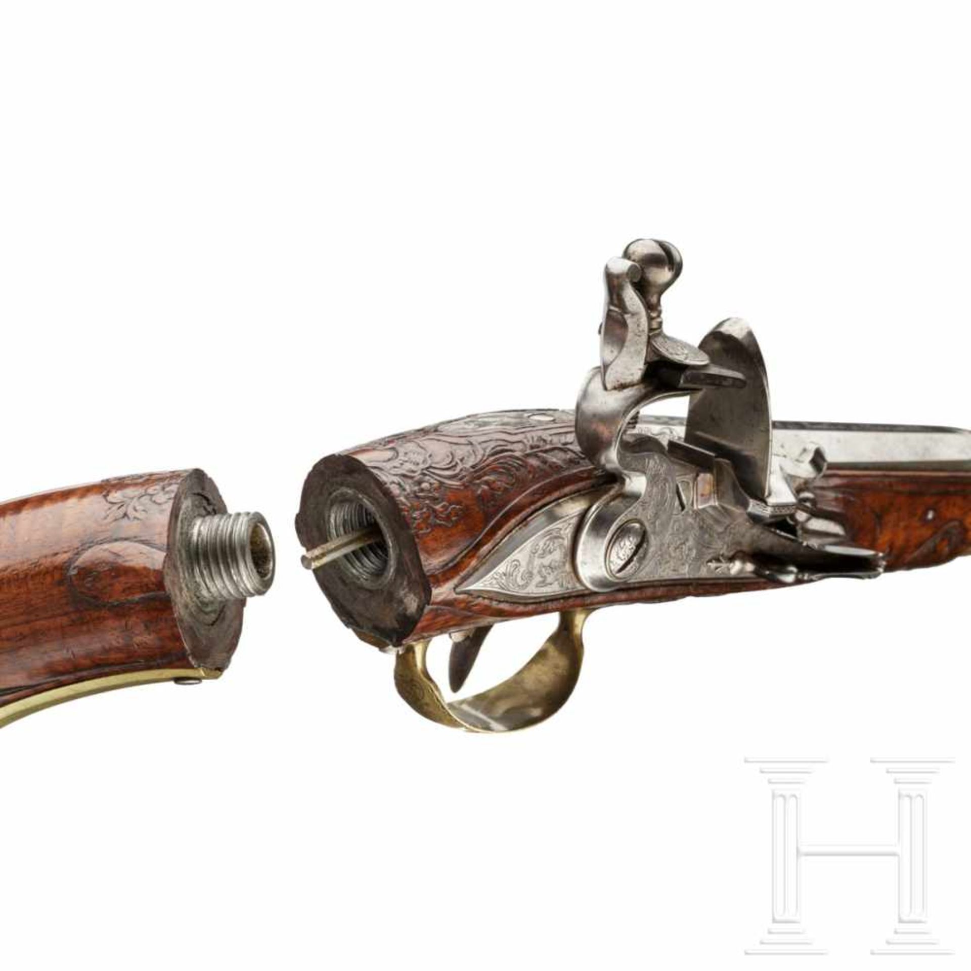 A rare pair of air pistols, designed to resemble a flintlock, Friedrich Jacob Bosler of Darmstadt, - Bild 9 aus 10