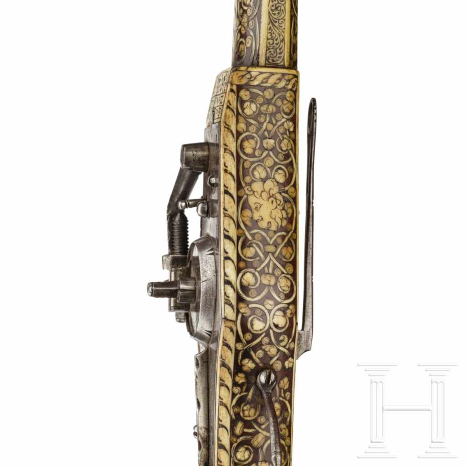 A German wheellock puffer, lavishly inlaid in bone, dated 1573The smooth octagonal barrel turning to - Bild 10 aus 10