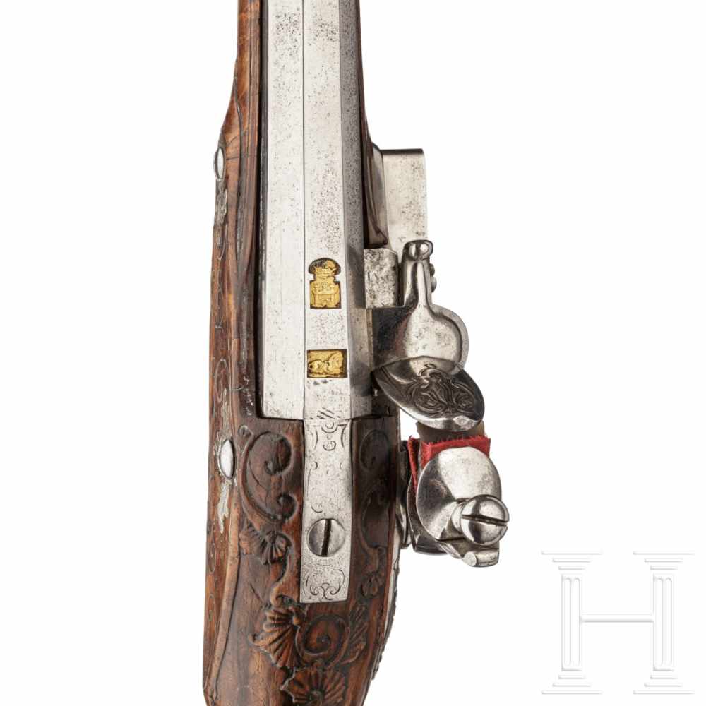 A silver-mounted flintlock pistol, Leopold Becher of Karlsbad, circa 1730Two-stage, smooth-bore - Image 7 of 7