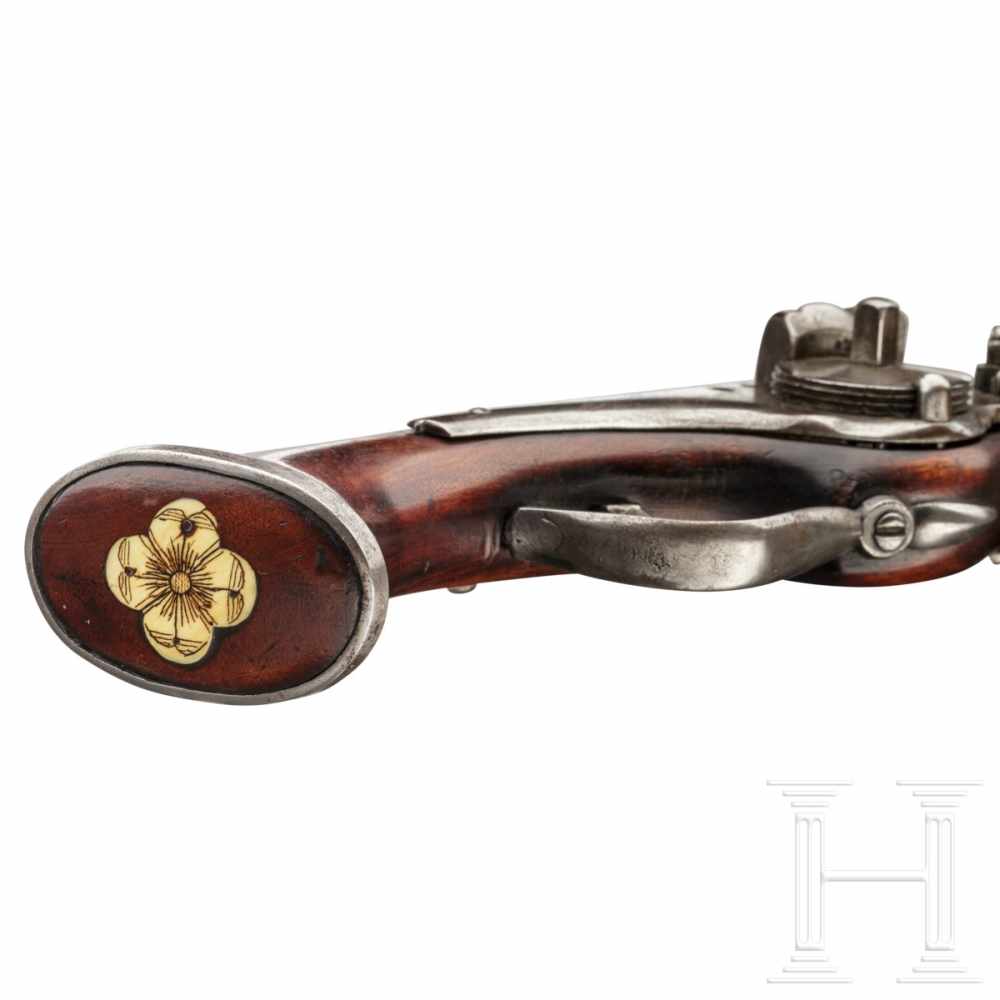 A long German wheellock pistol with a chiselled barrel, circa 1630The long, smooth barrel with - Image 8 of 8