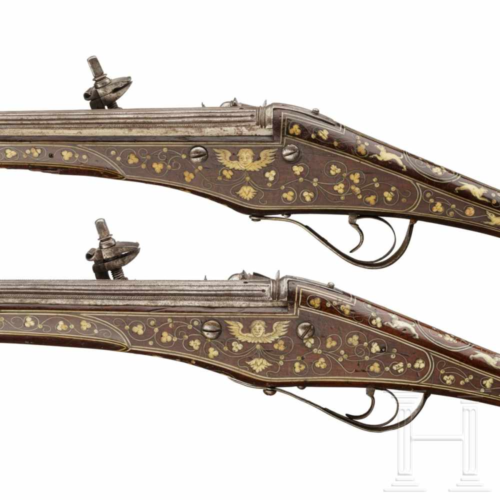 A pair of bone-inlaid, extremely long wheellock pistols, Nuremberg, circa 1600The long, round, - Image 9 of 9