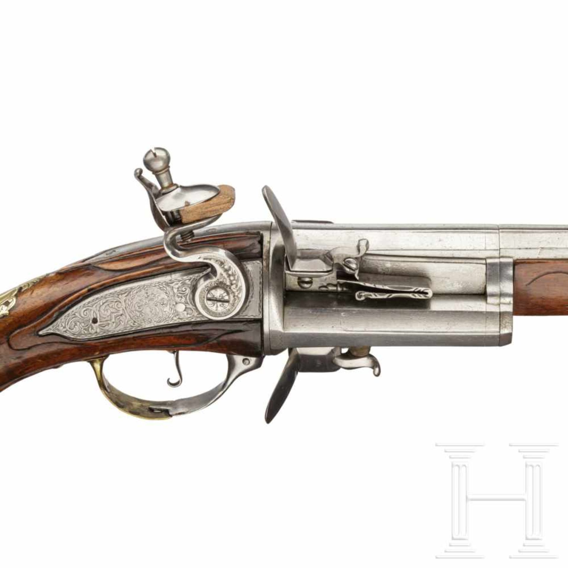 A German/Flemish three-shot revolving flintlock pistol, circa 1730Six-groove rifled barrel (no - Bild 4 aus 8