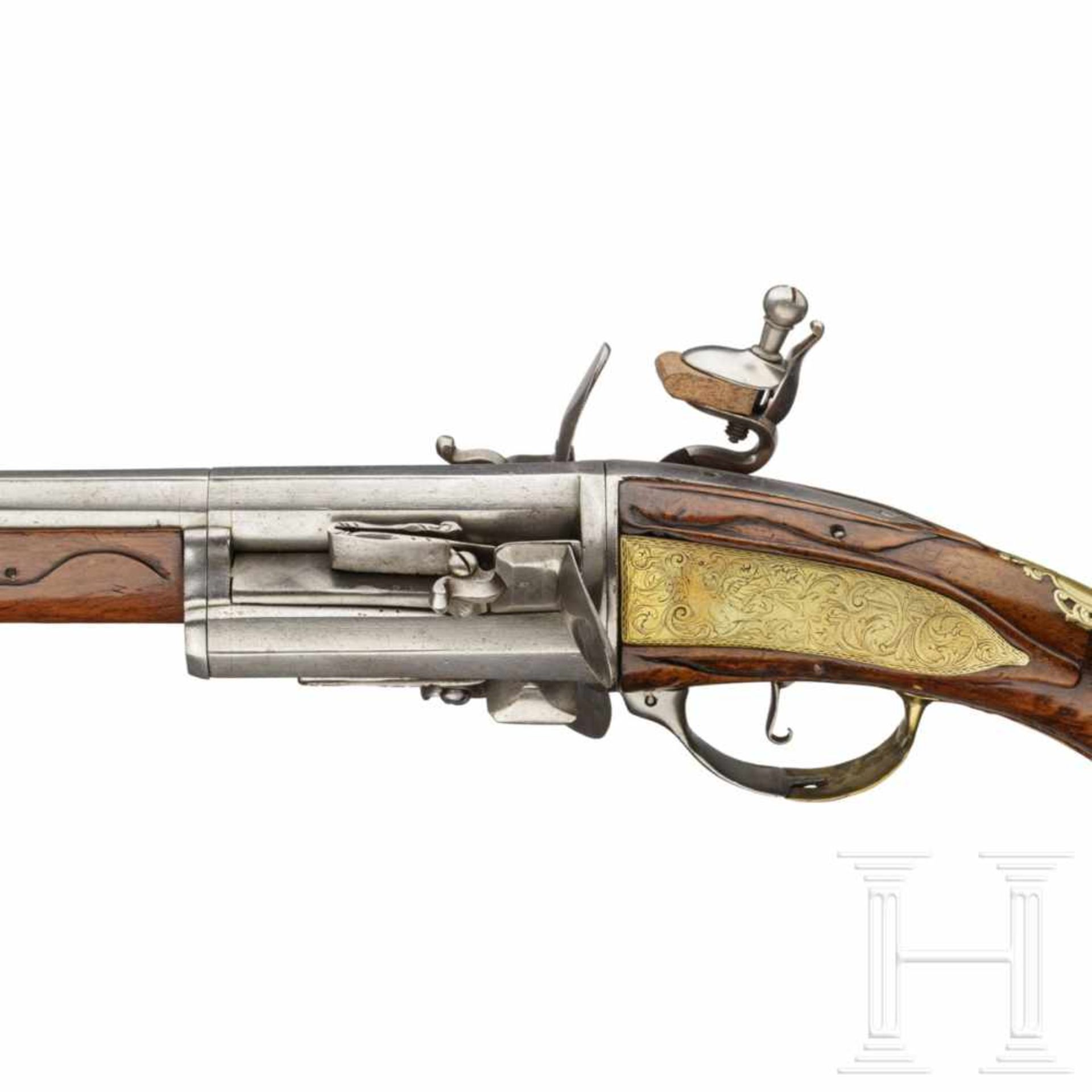 A German/Flemish three-shot revolving flintlock pistol, circa 1730Six-groove rifled barrel (no - Bild 7 aus 8