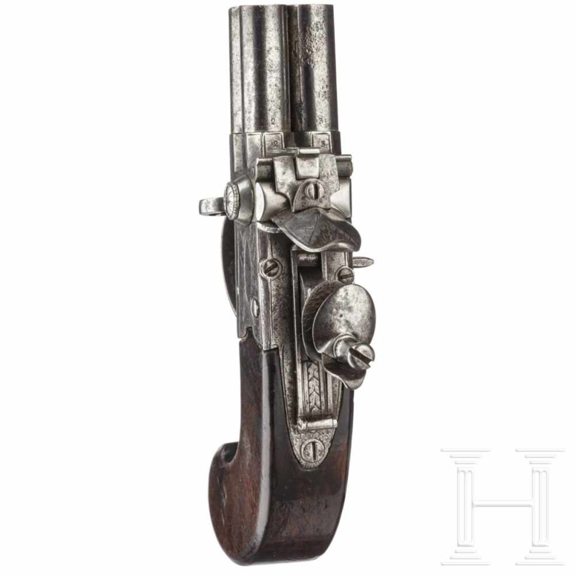 An English four-barreled box-lock pistol, circa 1800Four turn-off barrels in calibre 7 mm. Flintlock - Bild 3 aus 4