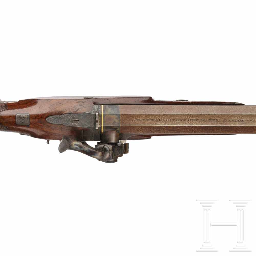 A pistol with a Forsyth firing system, Forsyth & Co, London, circa 1820Octagonal, blued Damascus - Image 7 of 7