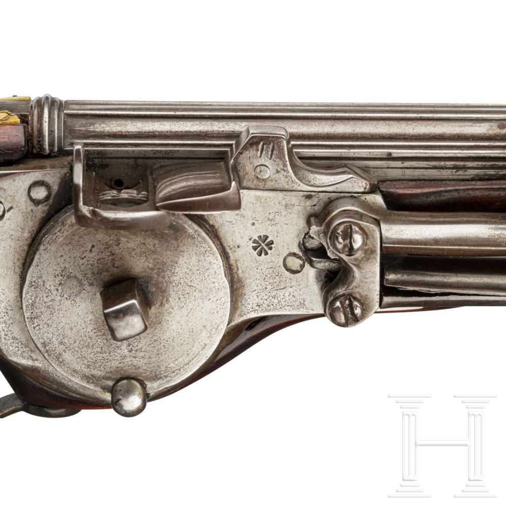 A long German wheellock pistol with a chiselled barrel, circa 1630The long, smooth barrel with - Image 7 of 8