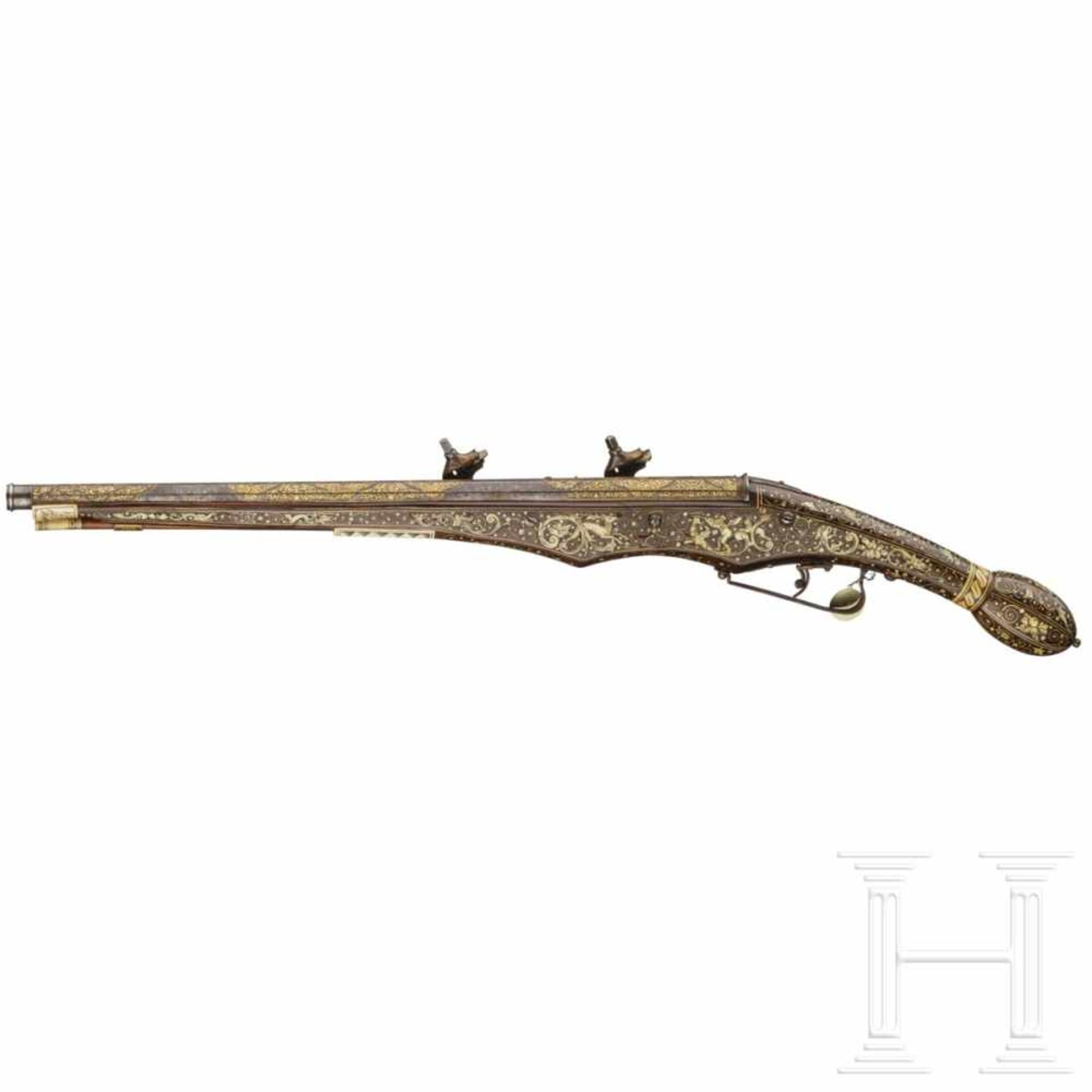 A rare, South German wheellock pistol for two superimposed loads, with inlays in gold and bone, - Bild 4 aus 11