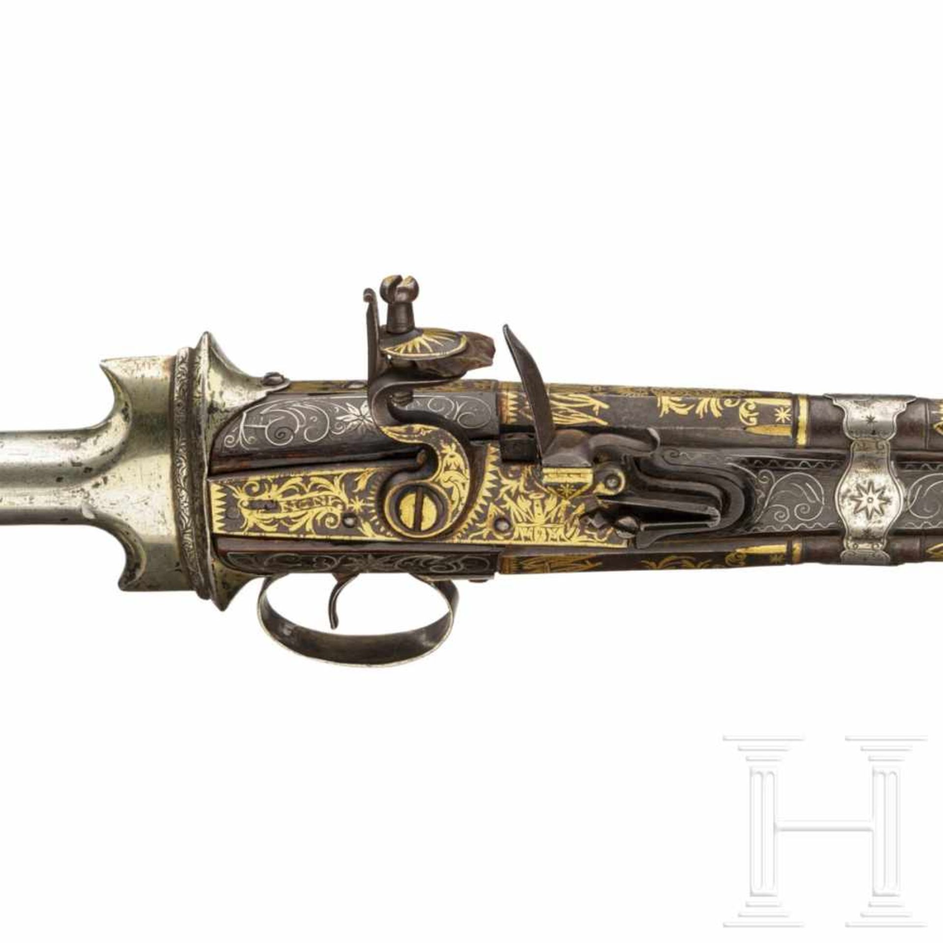 An Ottoman khanjar over-and-under flintlock pistol, 19th centuryOver-and-under, smooth-bore barrels, - Bild 6 aus 9