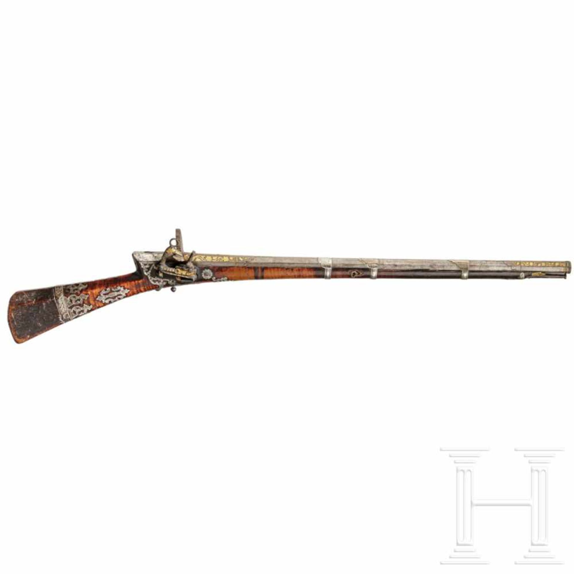 An Ottoman miquelet rifle (tüfek), dated 1860/61Gezogener Oktagonallauf aus Damaststahl im Kaliber