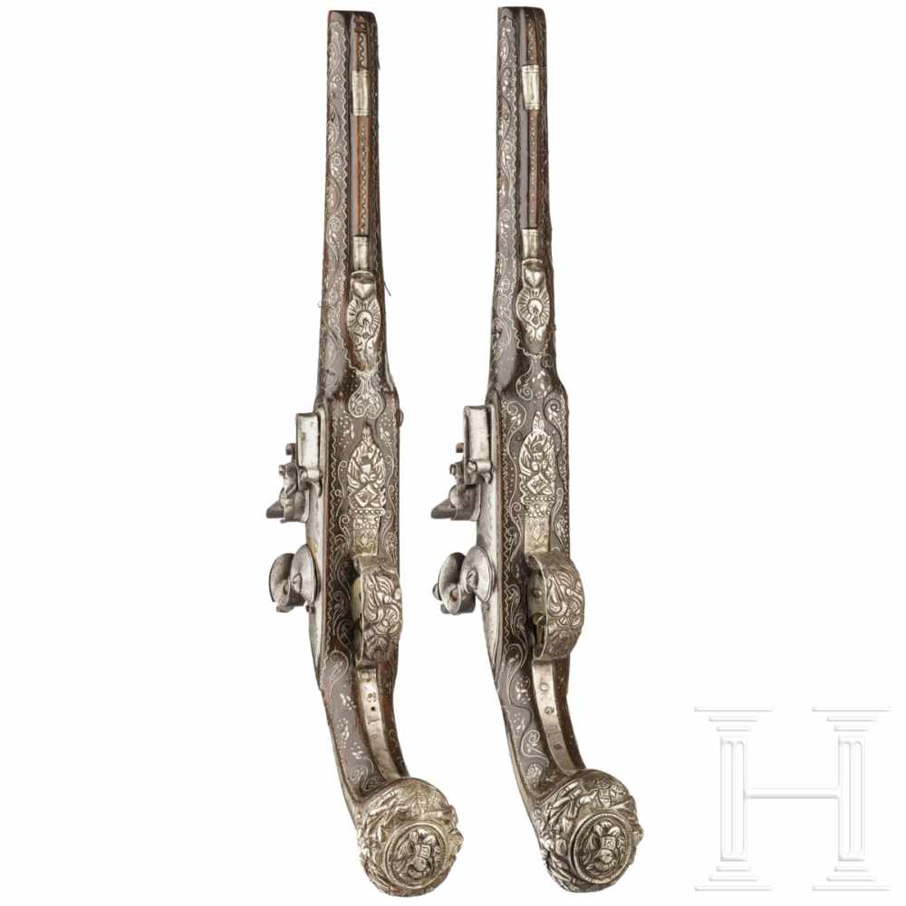 A pair of Ottoman silver-mounted deluxe flintlock pistols, circa 1820Round, single-stepped barrels - Image 4 of 6