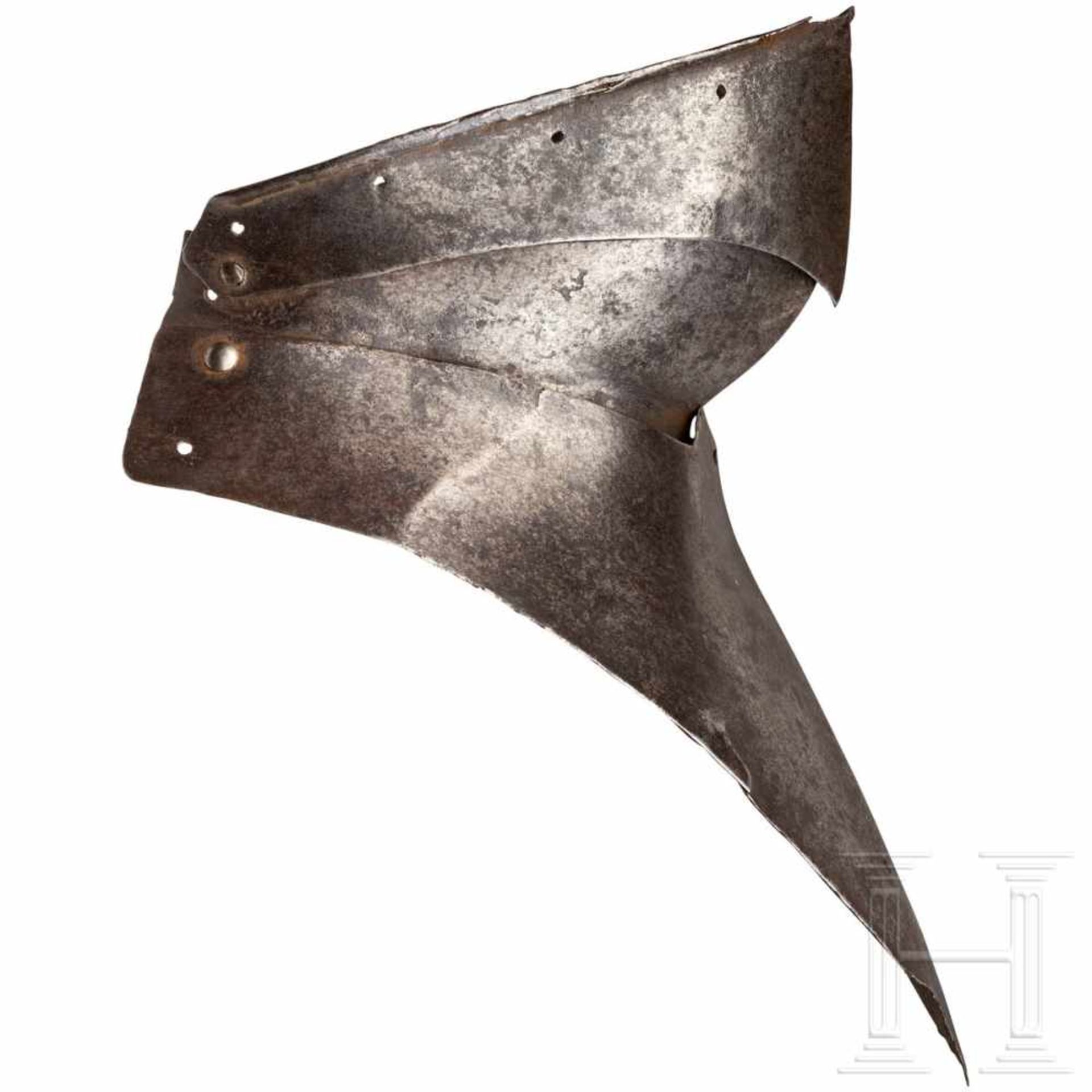 A Spanish late-Gothic reinforcing bevor, circa 1510The ridged, pivoted face guard forged in two