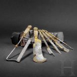 A significant South German hunting trousse in a leather case, dated 1571An elaborate trousse with