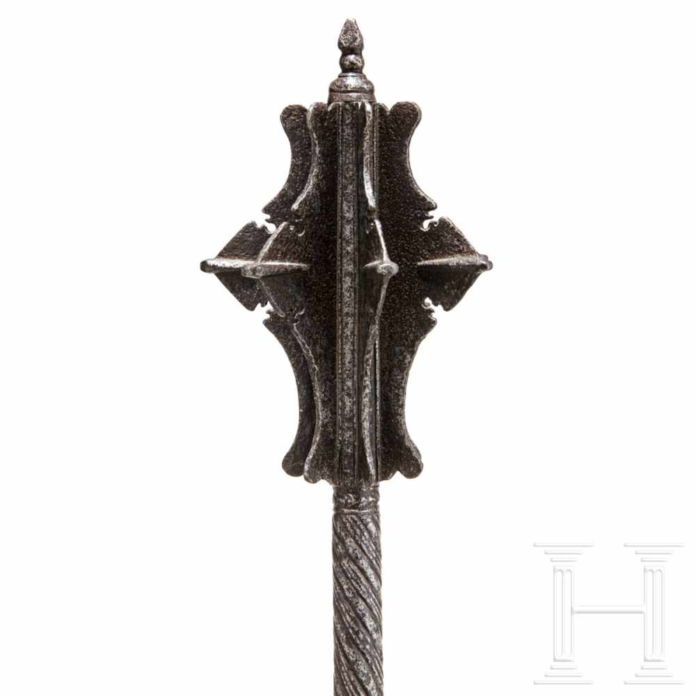 A heavy German mace, mid-16th centuryThe large head composed of seven inset flanges, soldered with - Image 2 of 4