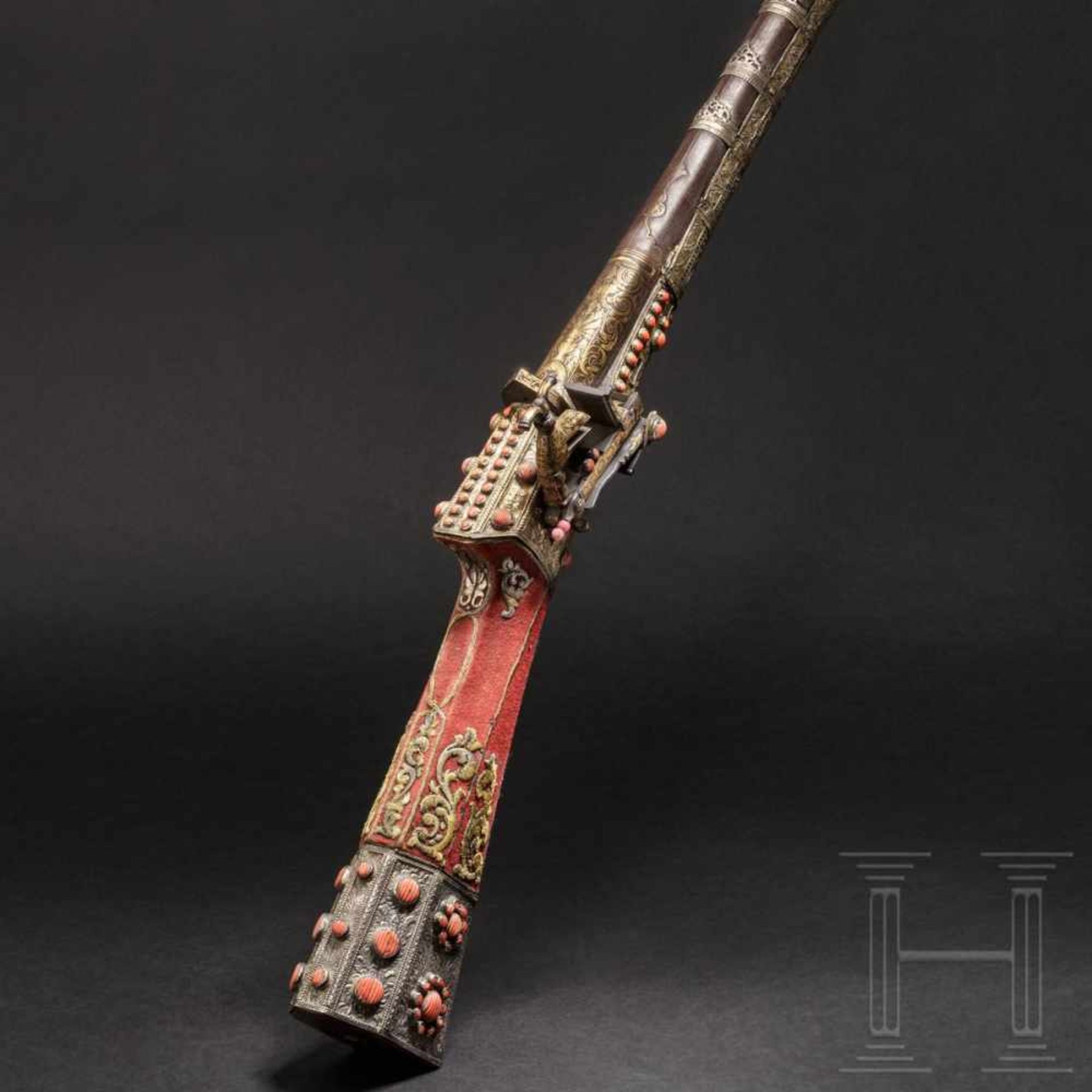 An Ottoman tüfek, set with corals, 18th centuryThe rifled barrel in Damascus steel with a