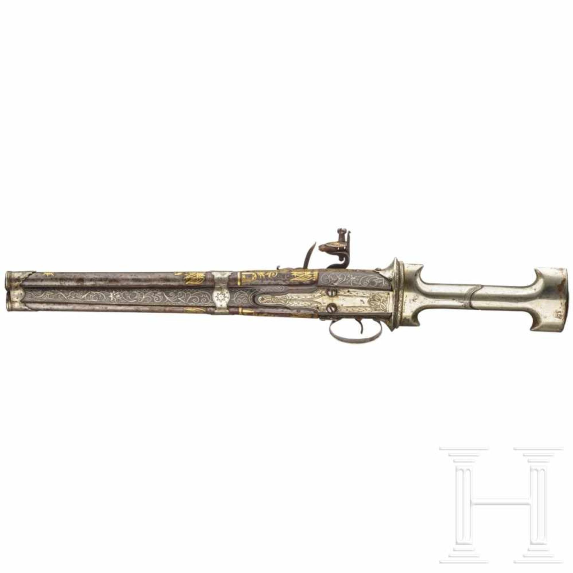 An Ottoman khanjar over-and-under flintlock pistol, 19th centuryOver-and-under, smooth-bore barrels, - Bild 3 aus 9