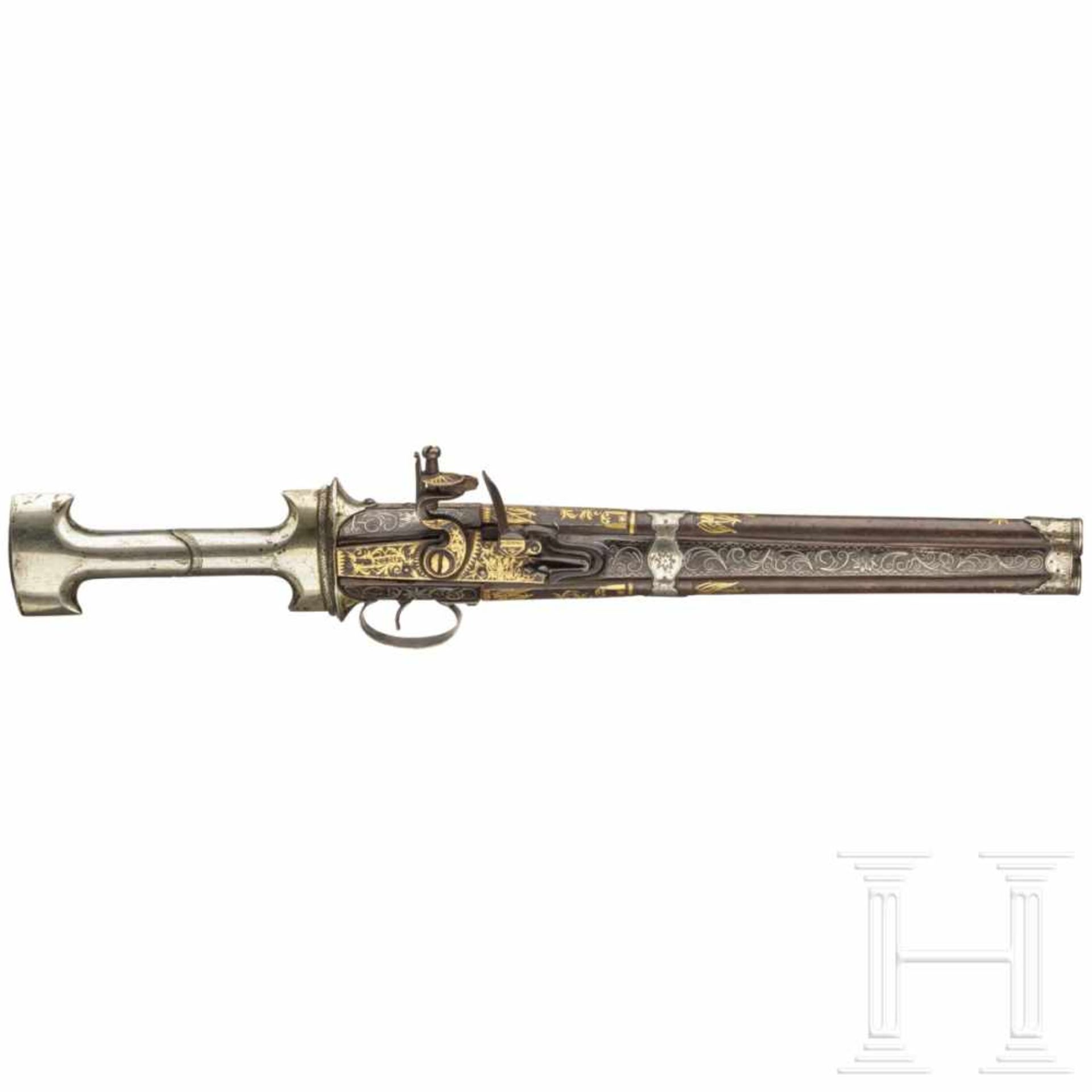 An Ottoman khanjar over-and-under flintlock pistol, 19th centuryOver-and-under, smooth-bore barrels, - Bild 2 aus 9