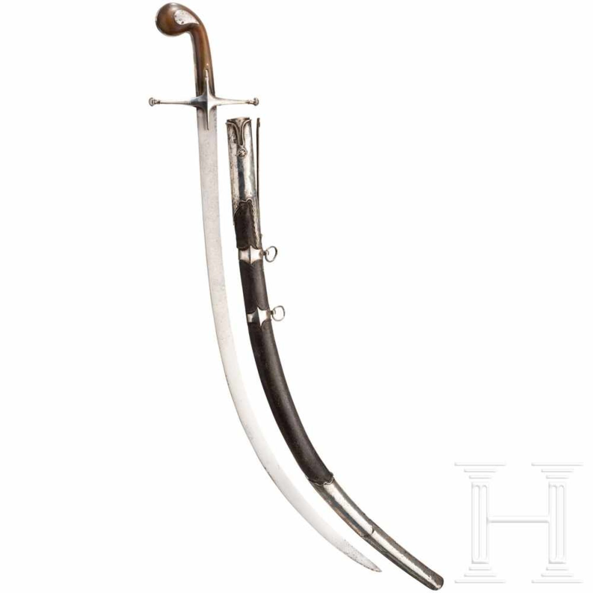 An Ottoman shamshir with rhinoceros grip, around 1800Gekrümmte, flache Rückenklinge, etwas narbige