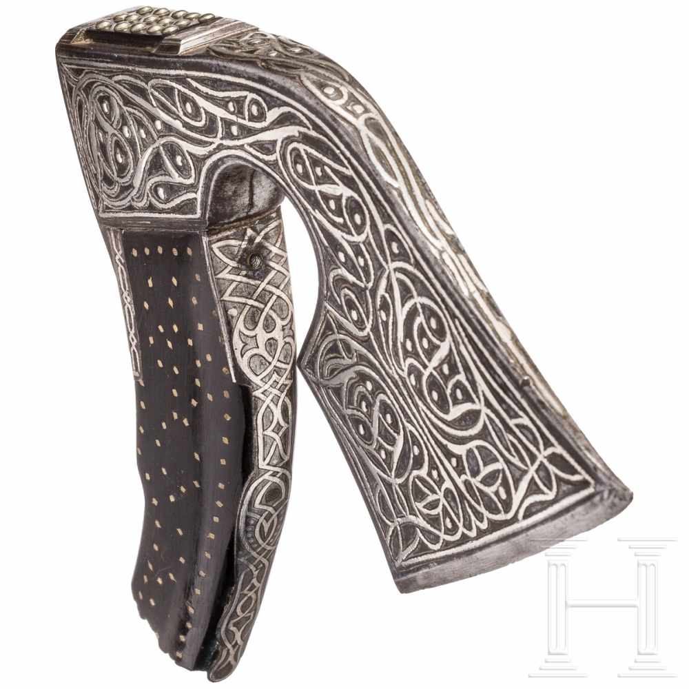 A splendid Ottoman axe head, 18th centuryLight, strongly curved axe head chiselled and inlaid in - Image 4 of 4