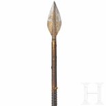 A long southern German hunting spear with etched and gilt tip, circa 1580The broad, ridged blade