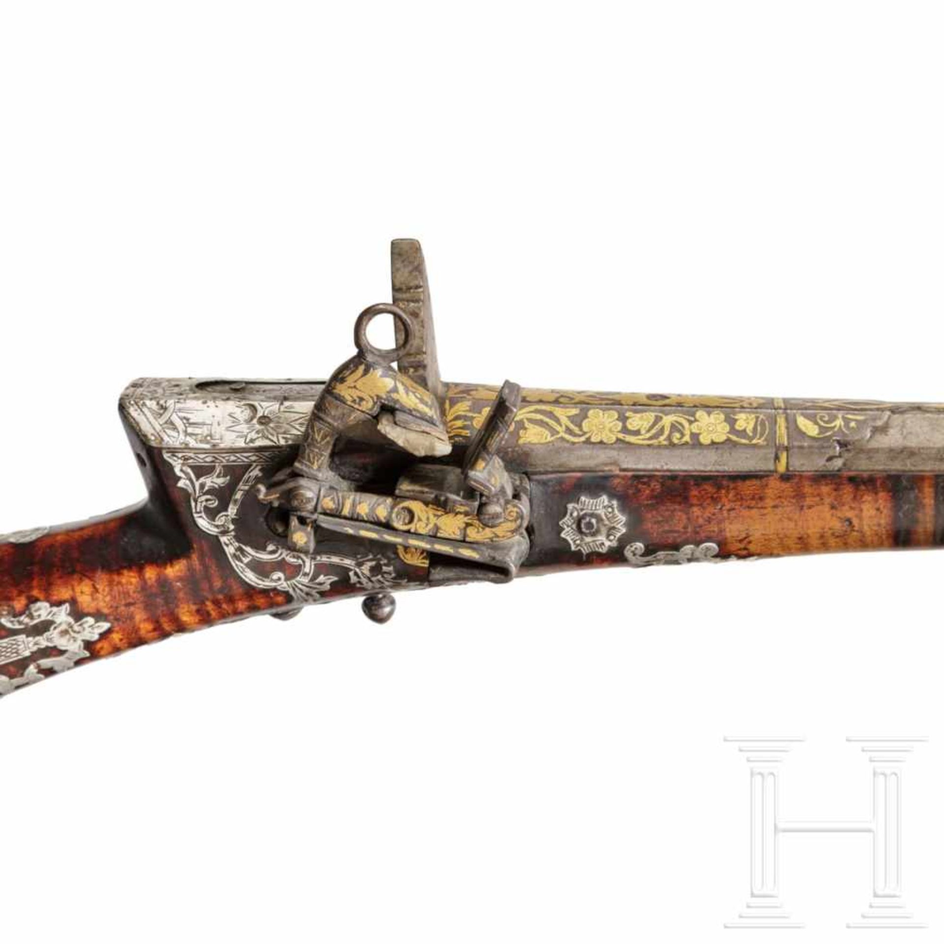 An Ottoman miquelet rifle (tüfek), dated 1860/61Gezogener Oktagonallauf aus Damaststahl im Kaliber - Bild 3 aus 3