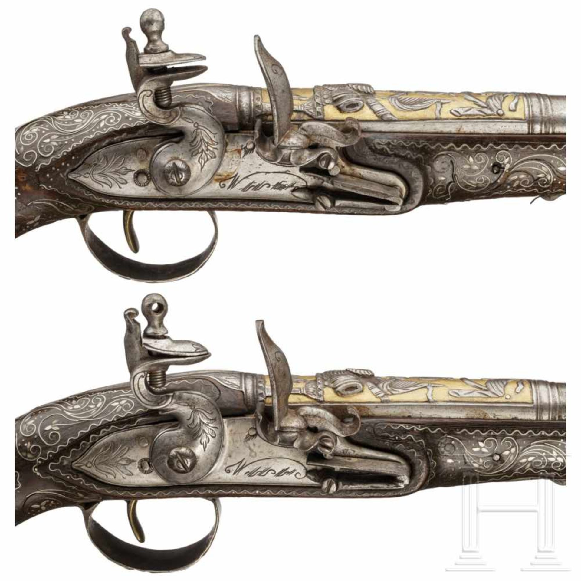 A pair of Ottoman silver-mounted deluxe flintlock pistols, circa 1820Round, single-stepped barrels - Bild 5 aus 6