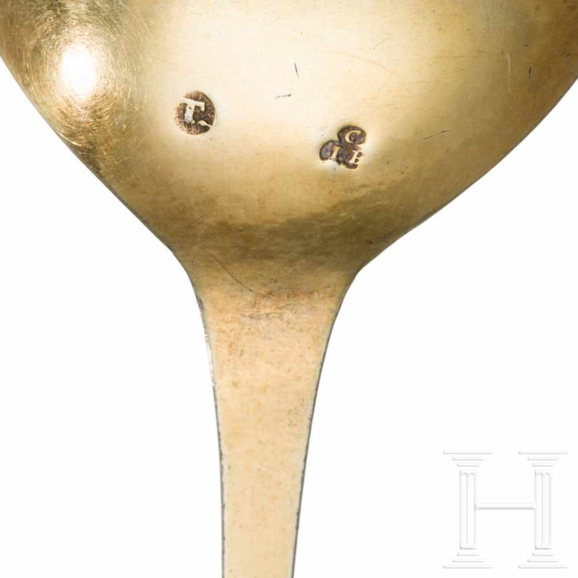 A fine gilded Polish Baroque silver spoon with female caryatid, master's mark of Johann Christian - Bild 4 aus 4