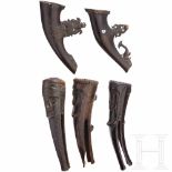 Two Indonesian wooden powder horns and three bullet horns, Batak, Sumatra, 18th centuryZwei