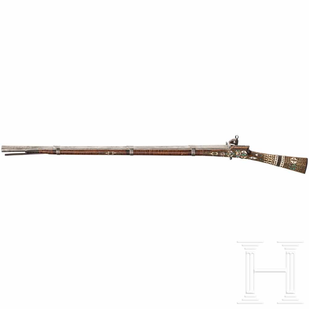 A small Ottoman miquelet-lock rifle (tufek), 18th centuryOctagonal swamped barrel of Damascus - Image 2 of 5